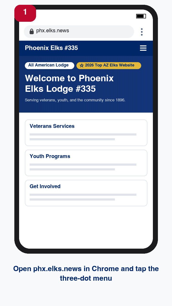Step 1: Chrome showing phx.elks.news with the three-dot menu highlighted in the top-right corner