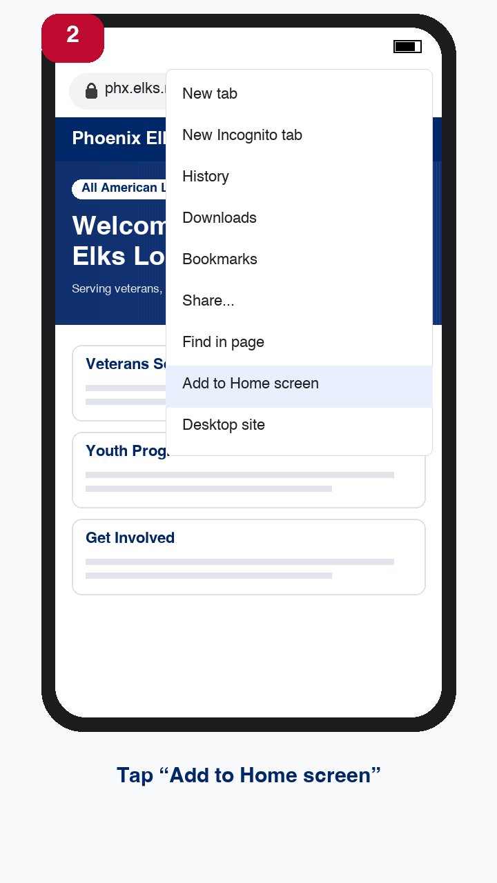Step 2: The Chrome menu with Add to Home screen highlighted