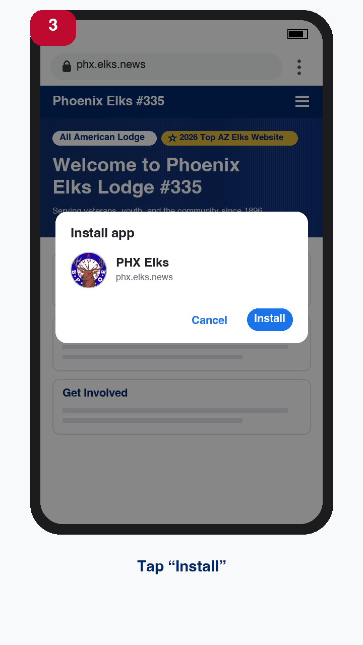 Step 3: The Install app dialog showing the PHX Elks icon with the Install button highlighted