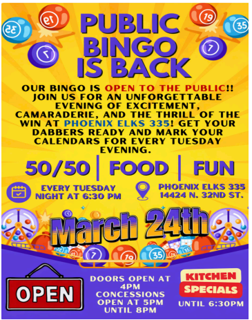 Public Bingo Night - March 24, 2026 Phoenix Elks 335