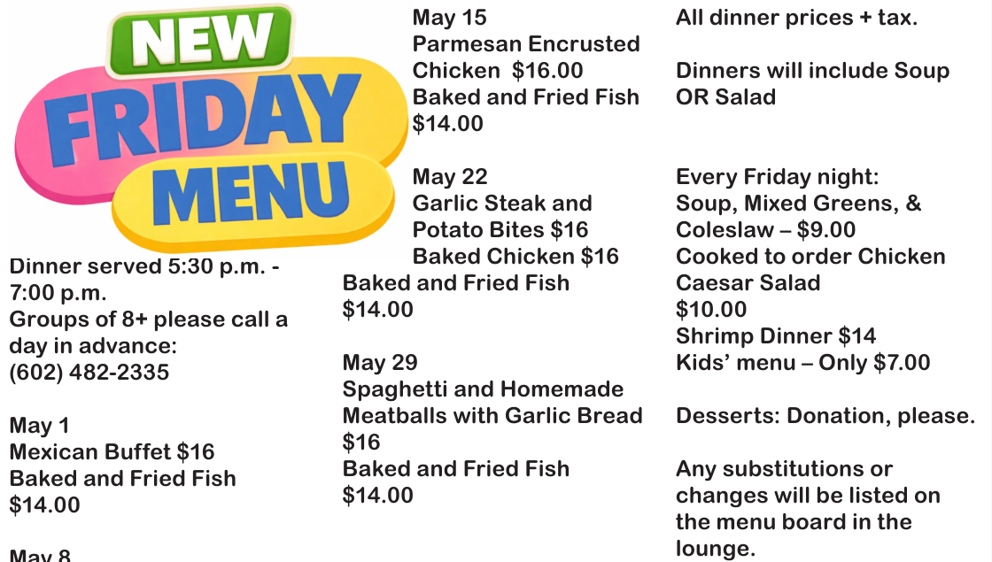 Friday Night Menu - May 2026 Phoenix Elks 335