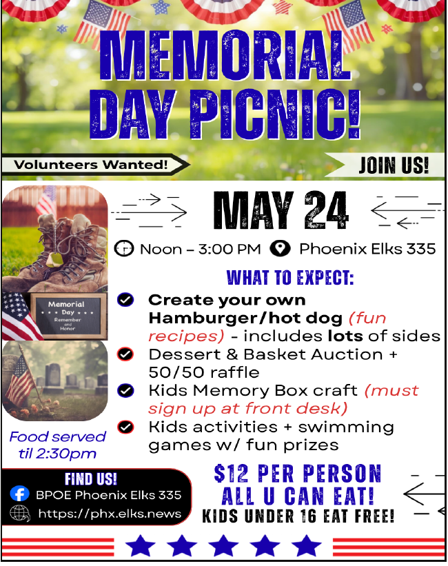 Memorial Day Picnic - May 24, 2026 Phoenix Elks 335