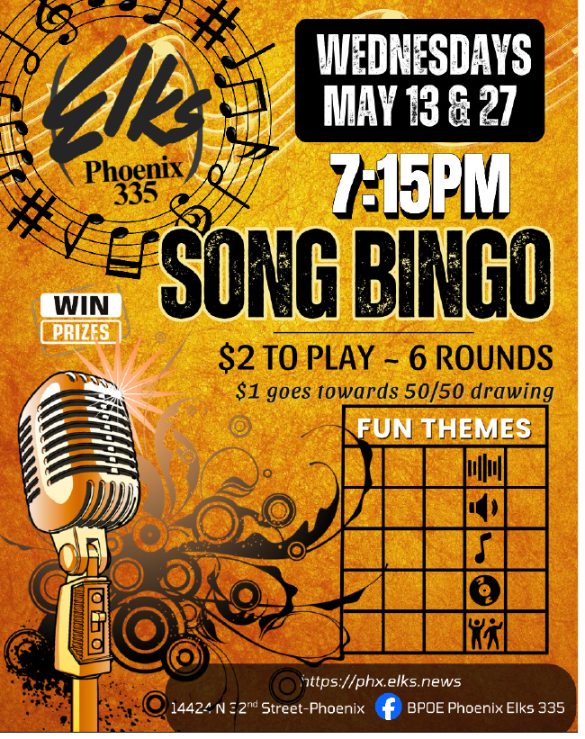Song Bingo - May 2026 Phoenix Elks 335