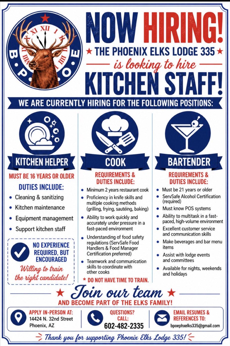 Now hiring kitchen helper, cook and bartender