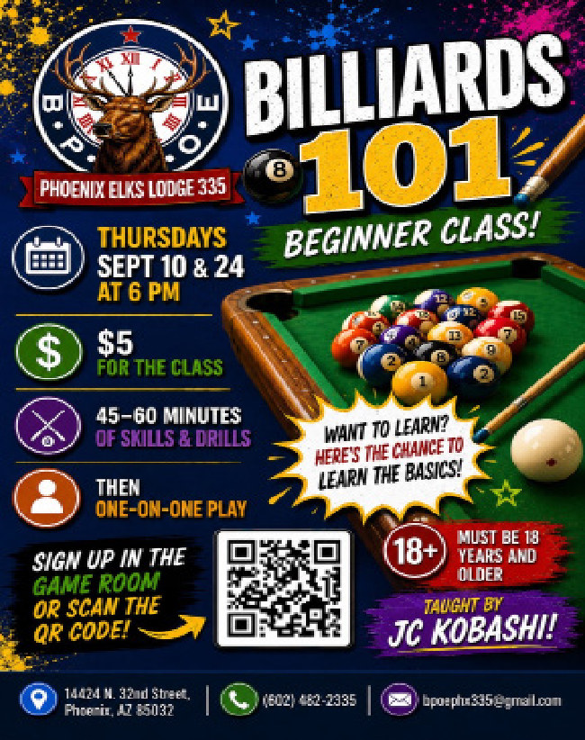 Billiards 101 beginner class September 10 and 24, 2026