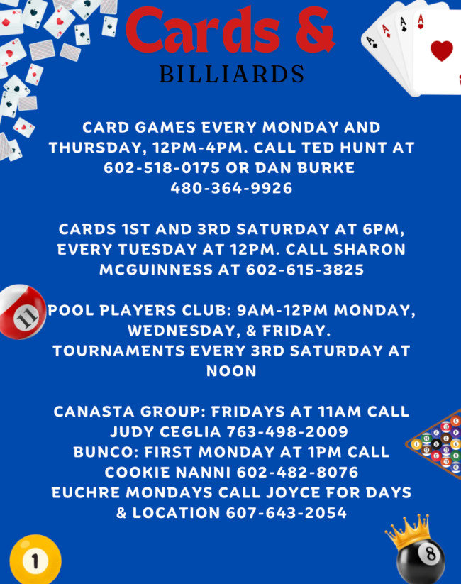Cards and billiards weekly groups