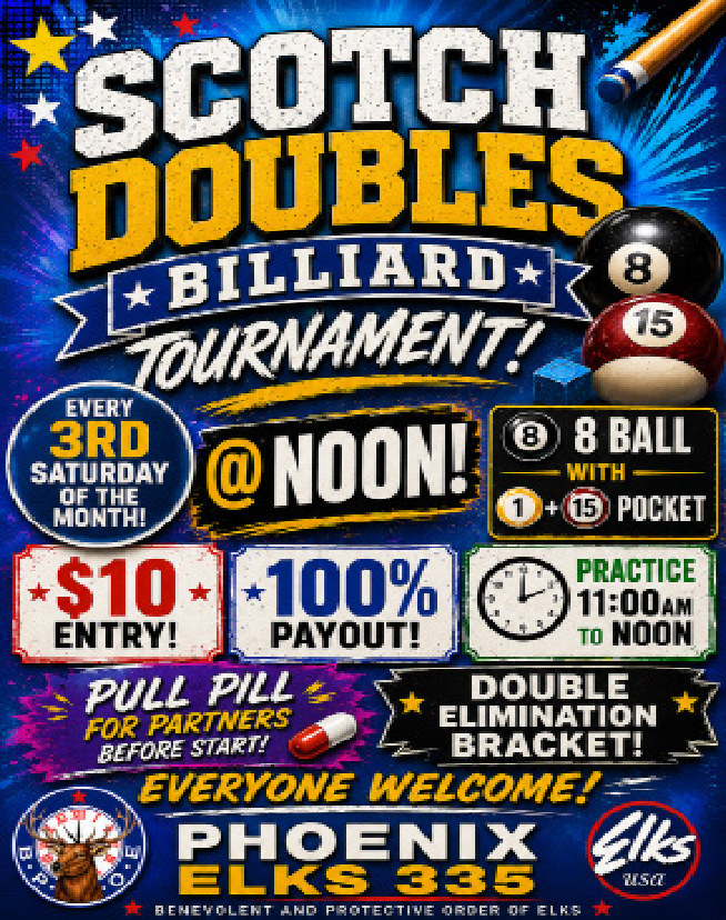 Scotch Doubles billiard tournament every third Saturday