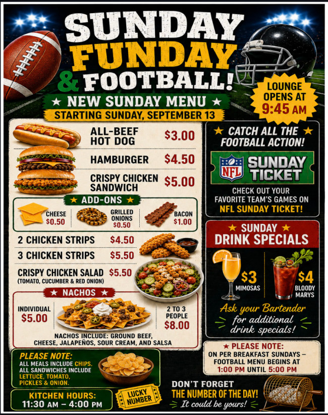 Sunday Funday and Football new menu starting September 13, 2026